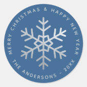 Blue Christmas Snowflake Elegant Faux Silver Foil  Ronde Sticker (Voorkant)