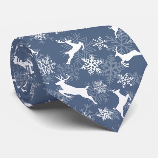 Blue Christmas snowflakes deer pattern Stropdas (Opgerold)