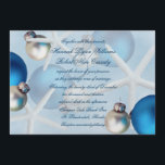Blue Christmas Starfish Beach Huwelijksuitnodiging Kaart<br><div class="desc">Blauw, strand thema vakantie bruiloft uitnodiging. Zeesterren en kerstversieringen versieren dit aangepaste huwelijksbriefpapier met donkerblauwe scripttekst die gemakkelijk aan te passen is. Horizontale plaatsing shows grote blauw en zilveren ornamenten aan de zijkanten met sjabloon tekst in het midden. Ook de achterzijde is versierd. Metallic ijspapier geeft de uitnodiging een lichte...</div>
