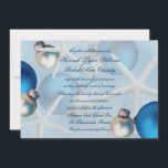 Blue Christmas Starfish Beach Huwelijksuitnodiging Kaart<br><div class="desc">Blauw, strand thema vakantie bruiloft uitnodiging. Zeesterren en kerstversieringen versieren dit aangepaste huwelijksbriefpapier met donkerblauwe scripttekst die gemakkelijk aan te passen is. Horizontale plaatsing shows grote blauw en zilveren ornamenten aan de zijkanten met sjabloon tekst in het midden. Ook de achterzijde is versierd. Metallic ijspapier geeft de uitnodiging een lichte...</div>
