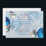 Blue Christmas Starfish Beach Huwelijksuitnodiging Kaart<br><div class="desc">Blauw, strand thema vakantie bruiloft uitnodiging. Zeesterren en kerstversieringen versieren dit aangepaste huwelijksbriefpapier met donkerblauwe scripttekst die gemakkelijk aan te passen is. Horizontale plaatsing shows grote blauw en zilveren ornamenten aan de zijkanten met sjabloon tekst in het midden. Ook de achterzijde is versierd. Metallic ijspapier geeft de uitnodiging een lichte...</div>