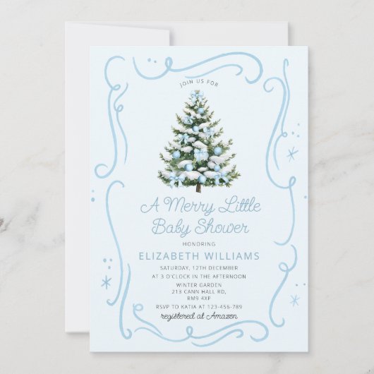 Blue Christmas Tree A Merry Little Baby Shower Kaart (Voorkant)