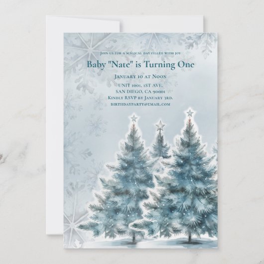 Blue Christmas Tree Baby 1st Birthday Invitation Kaart (Voorkant)