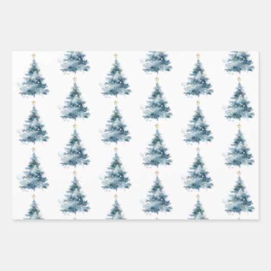 Blue Christmas Tree Gold Star Inpakpapier Vel (Voorkant 3)