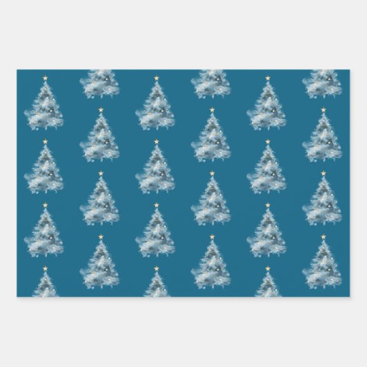 Blue Christmas Tree Gold Star Inpakpapier Vel (Voorkant)
