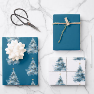 Blue Christmas Tree Gold Star Inpakpapier Vel