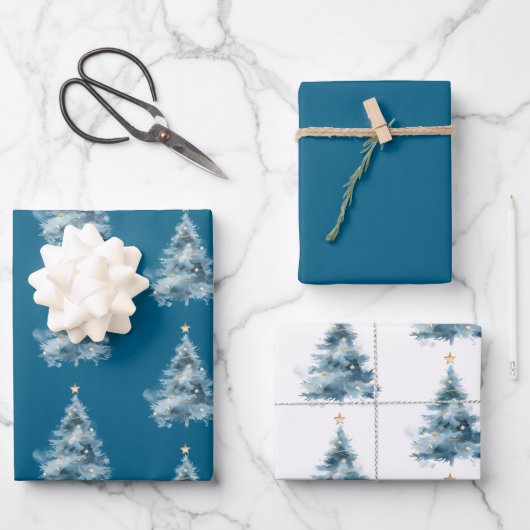 Blue Christmas Tree Gold Star Inpakpapier Vel (Voorkant)