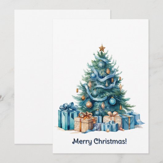 Blue Christmas Tree Waterverf Kunst Feestdagenkaart (Voorkant / Achterkant)