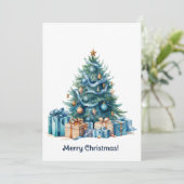 Blue Christmas Tree Waterverf Kunst Feestdagenkaart (Staand voorkant)