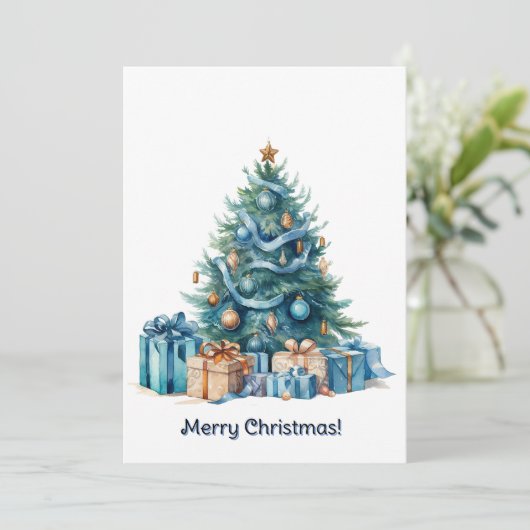 Blue Christmas Tree Waterverf Kunst Feestdagenkaart (Staand voorkant)