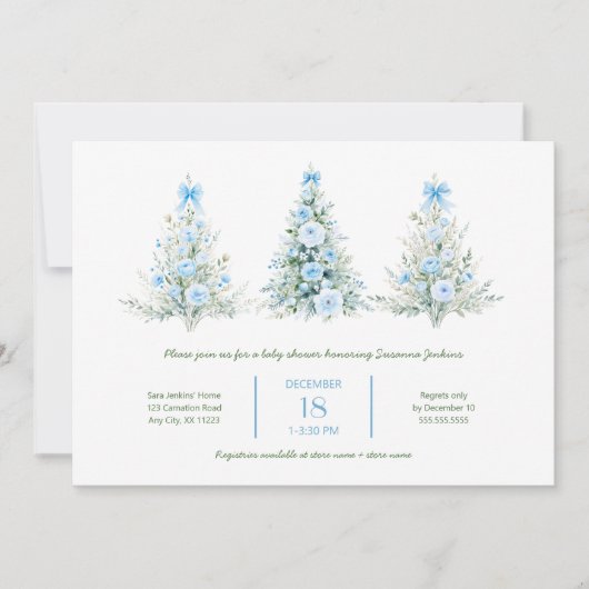 Blue Christmas Trees Boy Baby shower Invitation Kaart (Voorkant)
