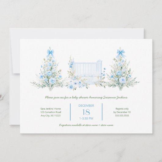 Blue Christmas Trees with crib boy Baby Shower Kaart (Voorkant)