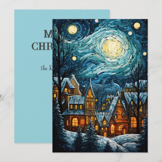 Blue Christmas Village Art Holiday Flat Kaart (Voorkant / Achterkant)