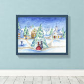 Blue Christmas Village Wall Art Canvas Afdruk (Insitu (Houten vloer))