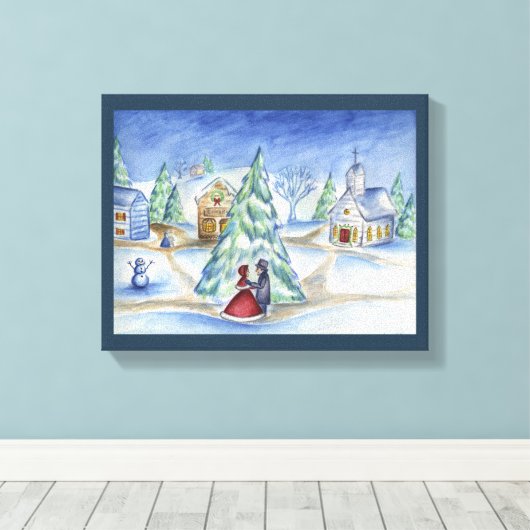 Blue Christmas Village Wall Art Canvas Afdruk (Insitu (Houten vloer))