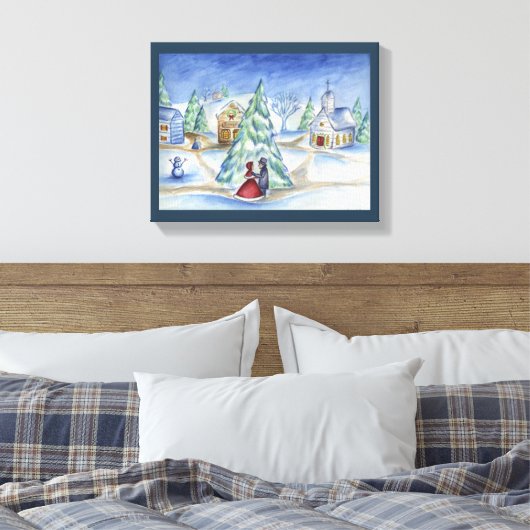 Blue Christmas Village Wall Art Canvas Afdruk (Insitu (Slaapkamer))