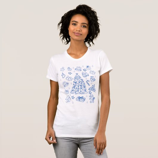Blue Christmas Whimsy - Cute Festive Doodles T-shirt (Voorkant volledig)