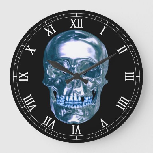 Blue Chrome Skull Round Roman Nummerklok Grote Klok (Voorkant)