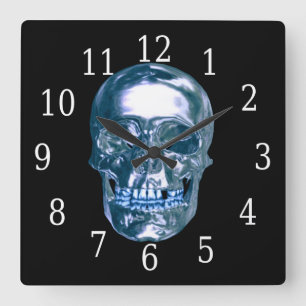 Blue Chrome Skull Square klok