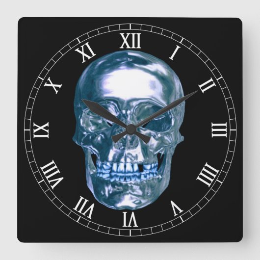 Blue Chrome Skull Square Roman Nummerklok Vierkante Klok (Voorkant)