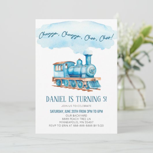 Blue Chugga Choo Choo Trein Verjaardagsfeest Kaart (Staand voorkant)