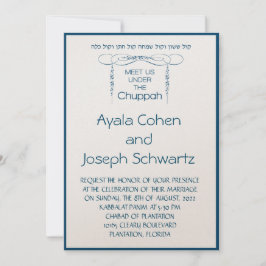 Blue Chuppah Hebrew Leaf lavish Wedding Invite Kaart