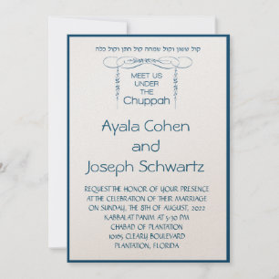 Blue Chuppah Hebrew Leaf lavish Wedding Invite Kaart
