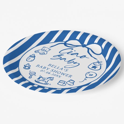Blue Ciao Bambino Italian Illustrated Baby Shower Papieren Bordje (Gekanteld)