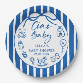 Blue Ciao Bambino Italian Illustrated Baby Shower Papieren Bordje