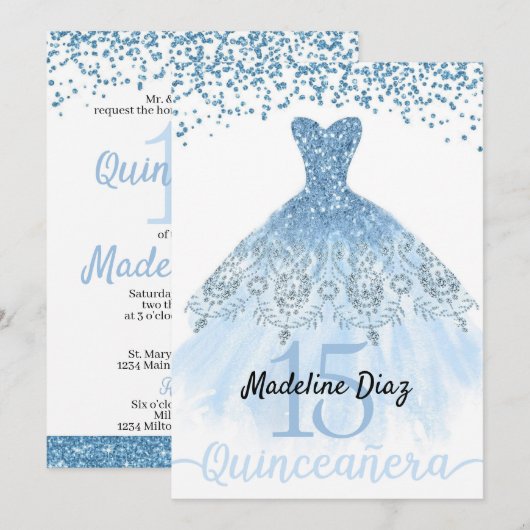 Blue Cinderella Quinceanera verjaardagsuitnodiging Kaart (Voorkant / Achterkant)