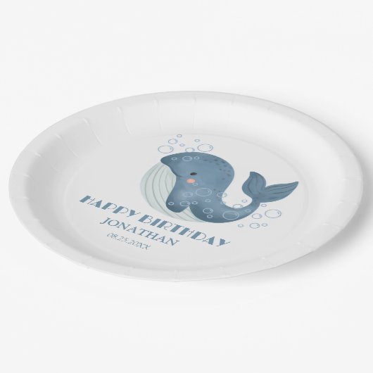Blue Circle Bubble Schattige Whale Kids Verjaardag Papieren Bordje (Gekanteld)