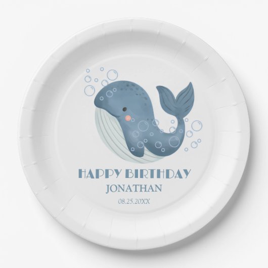 Blue Circle Bubble Schattige Whale Kids Verjaardag Papieren Bordje (Voorkant)