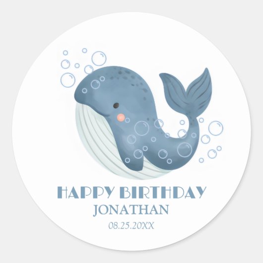 Blue Circle Bubble Schattigee walvis Happy Birthda Ronde Sticker (Voorkant)