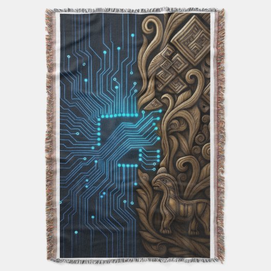 Blue Circuitry on Tribal Wood Deken (Voorkant Verticaal)