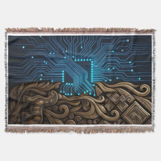 Blue Circuitry on Tribal Wood Deken (Voorkant)