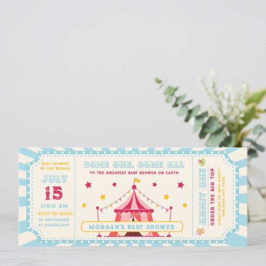 Blue  Circus Ticket Carnaval Baby shower Kaart (Staand voorkant)