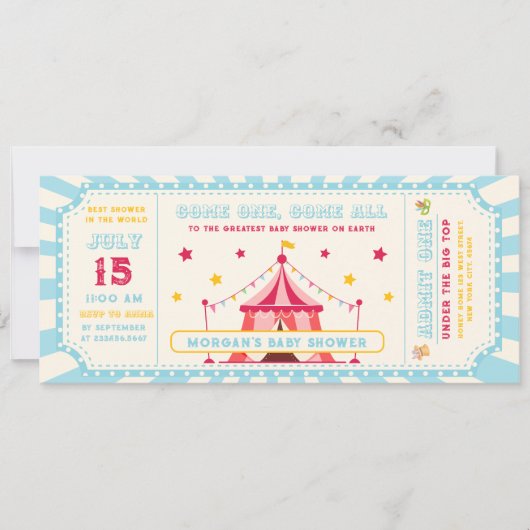 Blue  Circus Ticket Carnaval Baby shower Kaart (Voorkant)