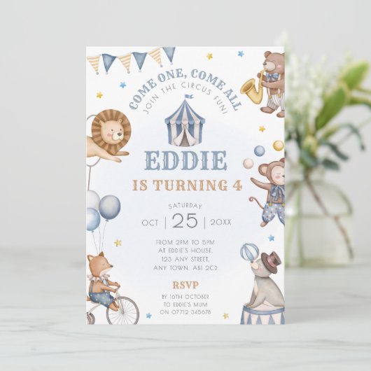 Blue Circus verjaardagsfeest uitnodiging carnaval (Staand voorkant)