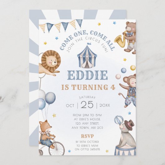 Blue Circus verjaardagsfeest uitnodiging carnaval (Voorkant / Achterkant)