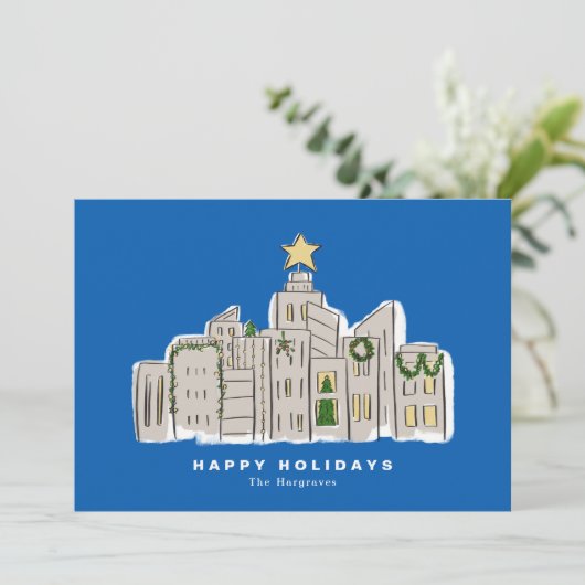 Blue City Skyline Corporate Christmas Kaart (Staand voorkant)