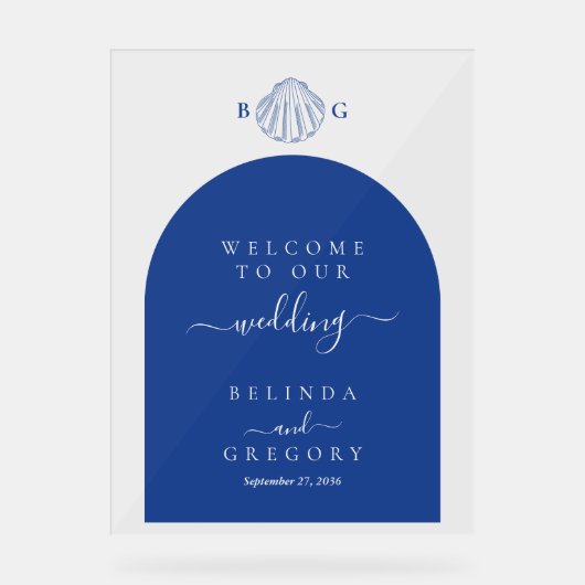 Blue Clam Seashells Coastal Beach Wedding Welcome Acryl Bord (Voorkant)