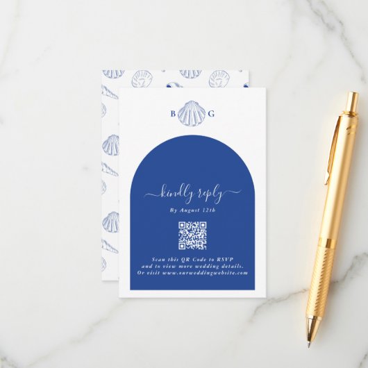 Blue Clam Seashells Coastal Seaside Beach Wedding Informatiekaartje (Voorkant / Achterkant in situ)