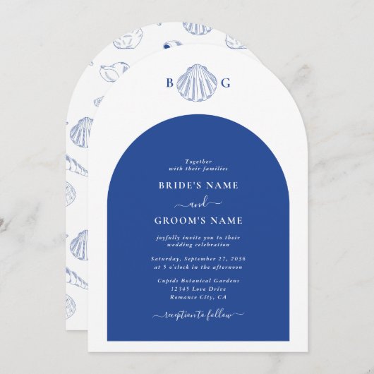 Blue Clam Seashells Coastal Seaside Beach Wedding Kaart (Voorkant / Achterkant)