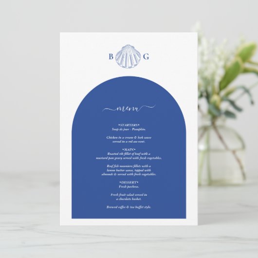 Blue Clam Seashells Coastal Seaside Beach Wedding Menu (Staand voorkant)