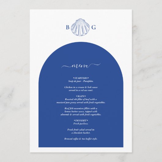 Blue Clam Seashells Coastal Seaside Beach Wedding Menu (Voorkant)