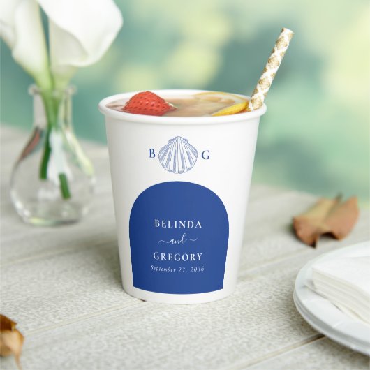 Blue Clam Seashells Coastal Seaside Beach Wedding Papieren Bekers (Insitu)