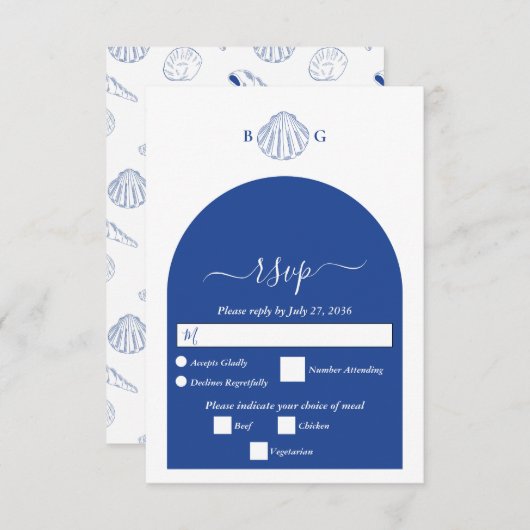 Blue Clam Seashells Coastal Seaside Beach Wedding RSVP Kaartje (Voorkant / Achterkant)