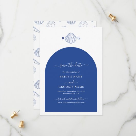 Blue Clam Seashells Coastal Seaside Beach Wedding Save The Date (Voorkant / Achterkant in situ)