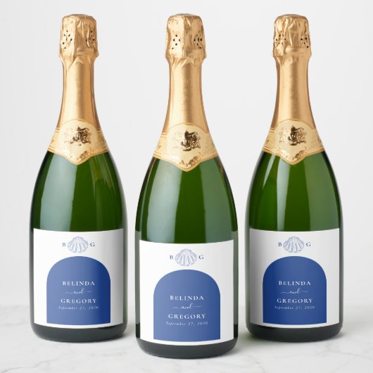 Blue Clam Seashells Coastal Seaside Beach Wedding Sparkling Wijnetiket (Flessen)