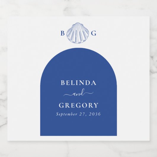 Blue Clam Seashells Coastal Seaside Beach Wedding Sparkling Wijnetiket (Enkel label)